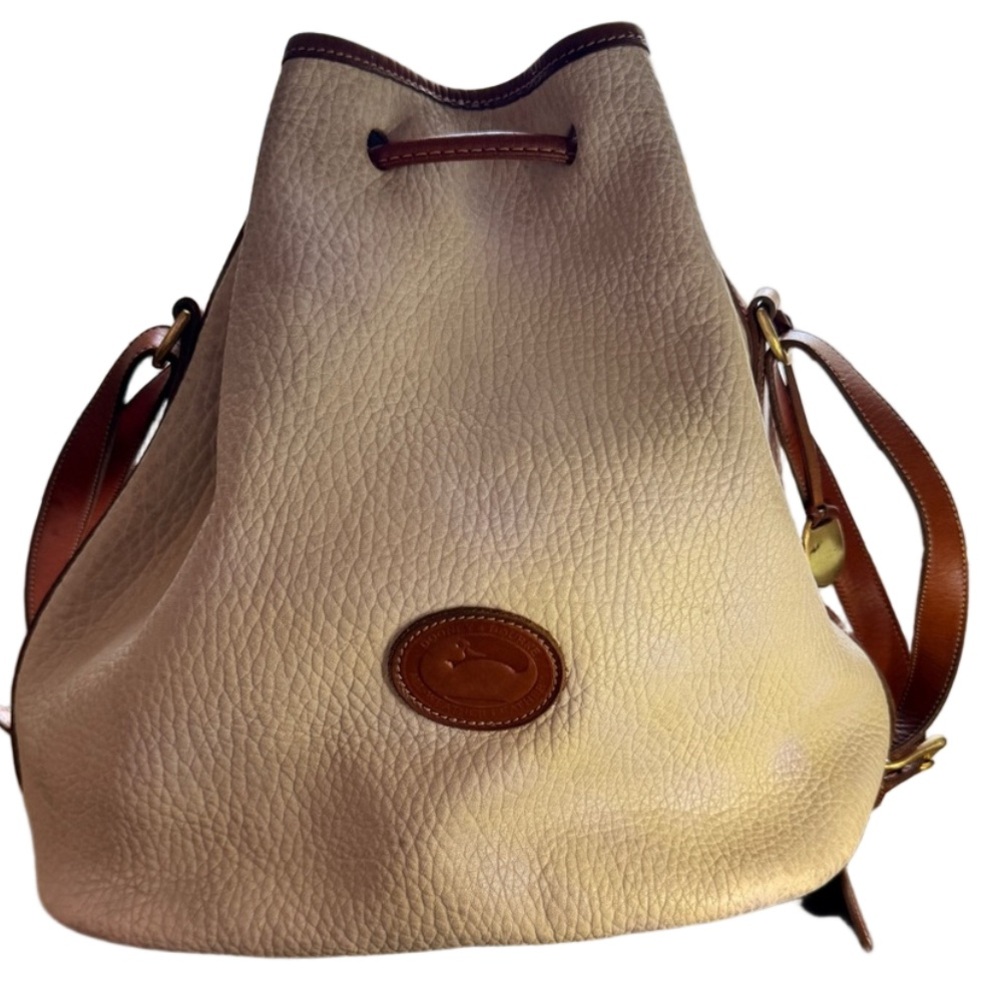 Dooney & Bourke Vintage All-Weather Leather Drawstring Bucket Bag Ivory & Tan